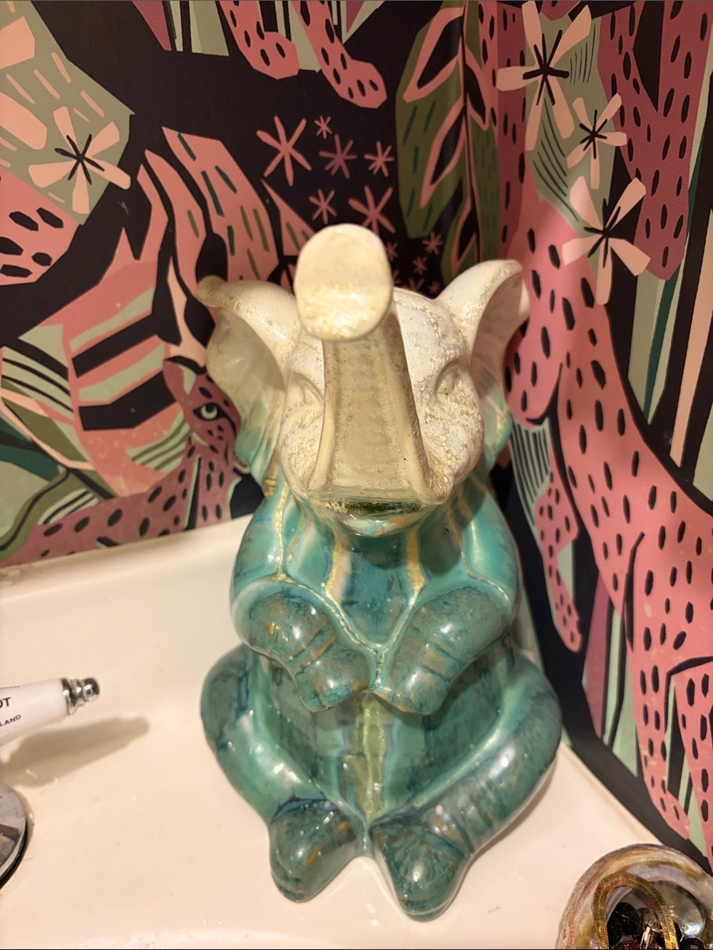 Ceramic Elephant Figurine in Teal and Cream - Decorative Home Accent